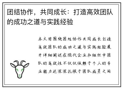 团结协作，共同成长：打造高效团队的成功之道与实践经验